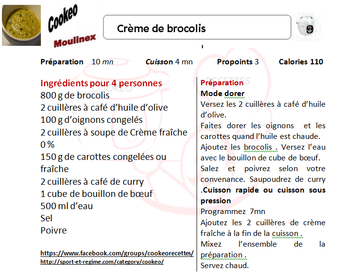  recettes cookeo légères CREME DE BROCOLIS COOKEO